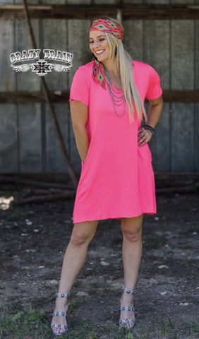 Neon Pink Druzzy Pocket Dress - Nico Bella Boutique 