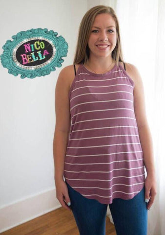 Mauve Stripe High Neck Tank - Nico Bella Boutique 