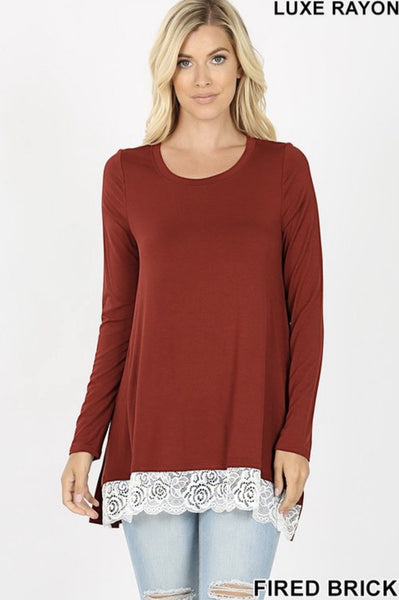 Fired Brick Lace Trim Hi-Lo Top - Nico Bella Boutique 