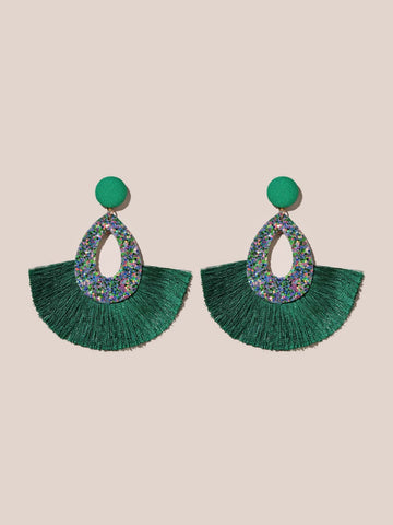 Green Tassel Fan Earrings