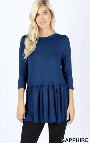 Women’s Sapphire Rayon Ruffle Bottom 3/4 Sleeve - Nico Bella Boutique 