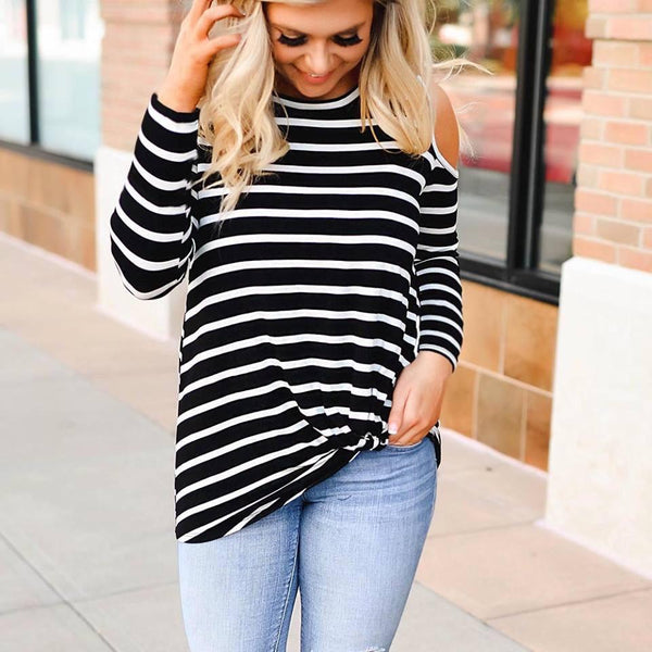 Women’s Striped Cold Shoulder top - Nico Bella Boutique 