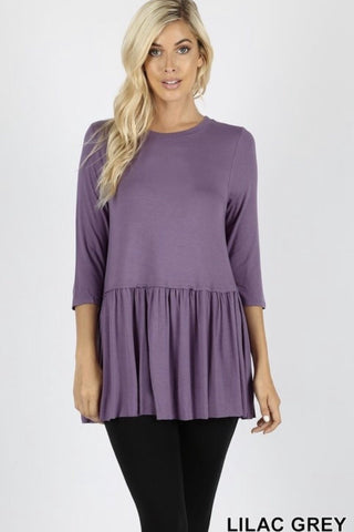 Women’s Lilac Grey Rayon Ruffle Bottom 3/4 Sleeve - Nico Bella Boutique 