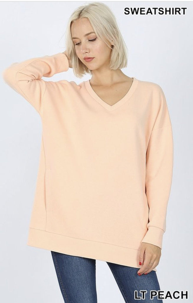 Light Peach V-Neck Sweatshirt - Nico Bella Boutique 