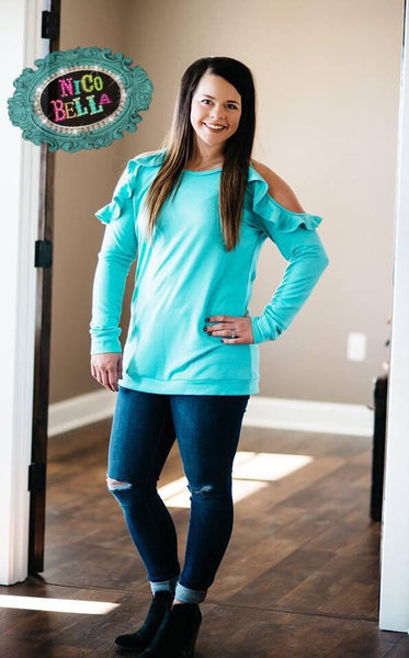 Turquoise Ruffle Cold Shoulder Top - Nico Bella Boutique 